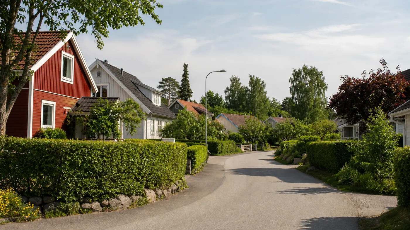 Miljöbild av lugn villagata med häckar och gemensam väg